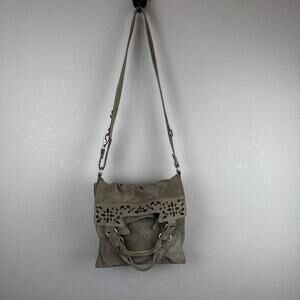Lucky Brand Vintage Abbey Road Foldover Crossbody Bag Purse Taupe Suede Leather